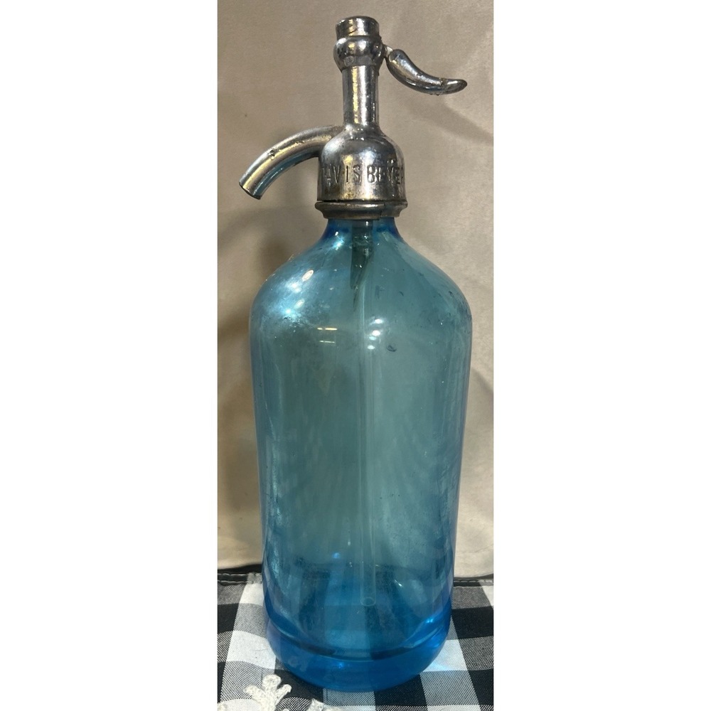 VTG SELTZER BOTTLE BLUE BLANK BOTTLE DAVIS BEVERAGE TOP (1182)‎